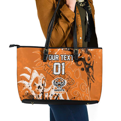 Personalized Wests Tigers Rugby Leather Tote Bag Urban Street Graffiti Style - Distressed Splatter Elements