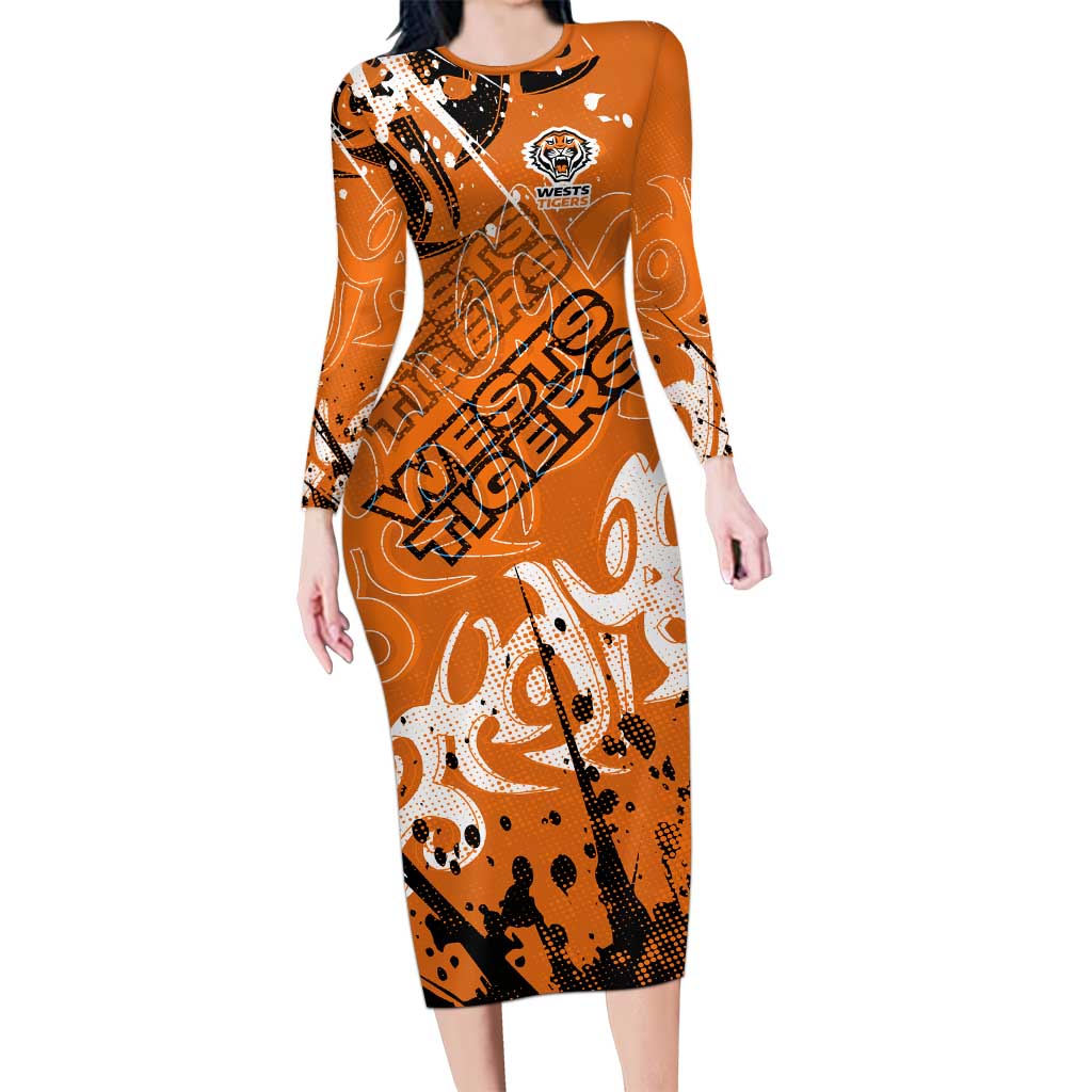 Personalized Wests Tigers Rugby Long Sleeve Bodycon Dress Urban Street Graffiti Style - Distressed Splatter Elements