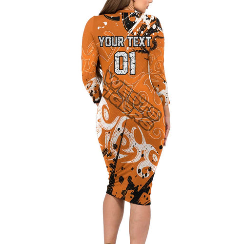 Personalized Wests Tigers Rugby Long Sleeve Bodycon Dress Urban Street Graffiti Style - Distressed Splatter Elements