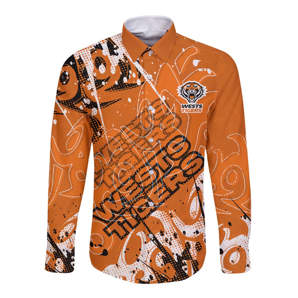 Personalized Wests Tigers Rugby Long Sleeve Button Shirt Urban Street Graffiti Style - Distressed Splatter Elements