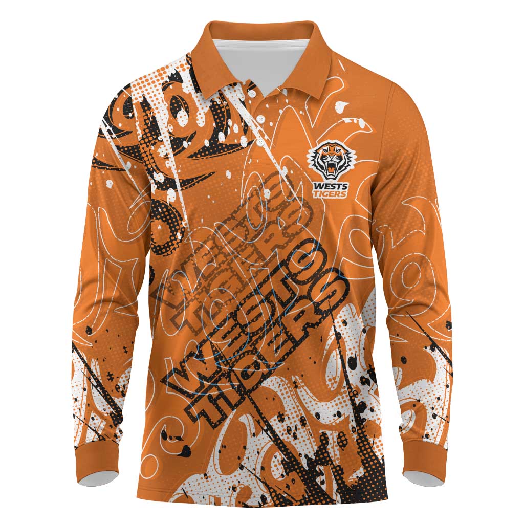Personalized Wests Tigers Rugby Long Sleeve Polo Shirt Urban Street Graffiti Style - Distressed Splatter Elements