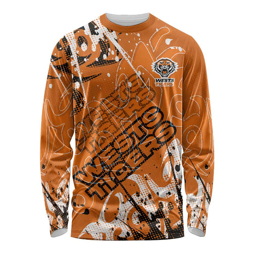 Personalized Wests Tigers Rugby Long Sleeve Shirt Urban Street Graffiti Style - Distressed Splatter Elements
