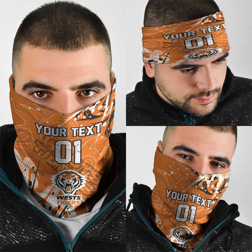 Personalized Wests Tigers Rugby Neck Gaiter Urban Street Graffiti Style - Distressed Splatter Elements