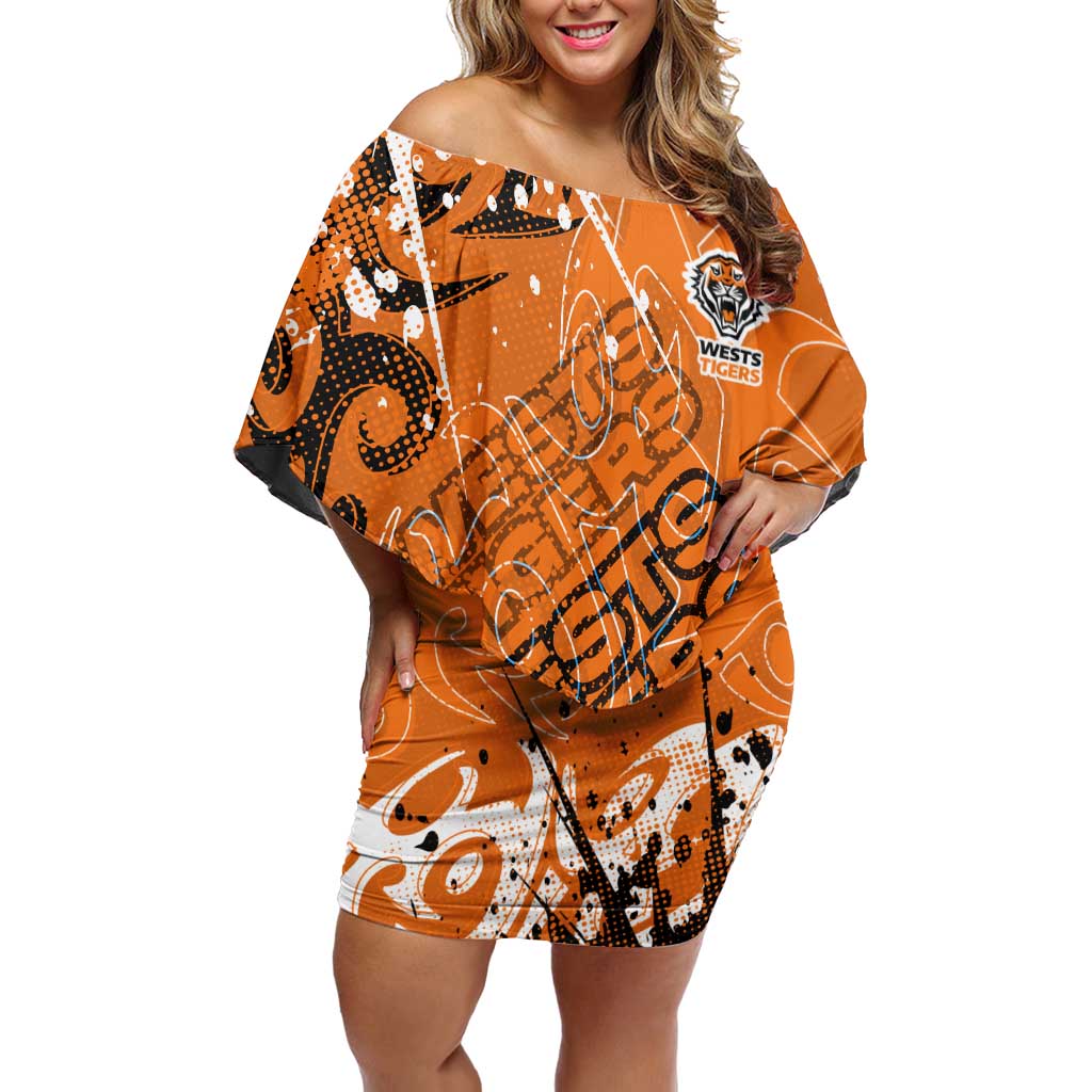 Personalized Wests Tigers Rugby Off Shoulder Short Dress Urban Street Graffiti Style - Distressed Splatter Elements