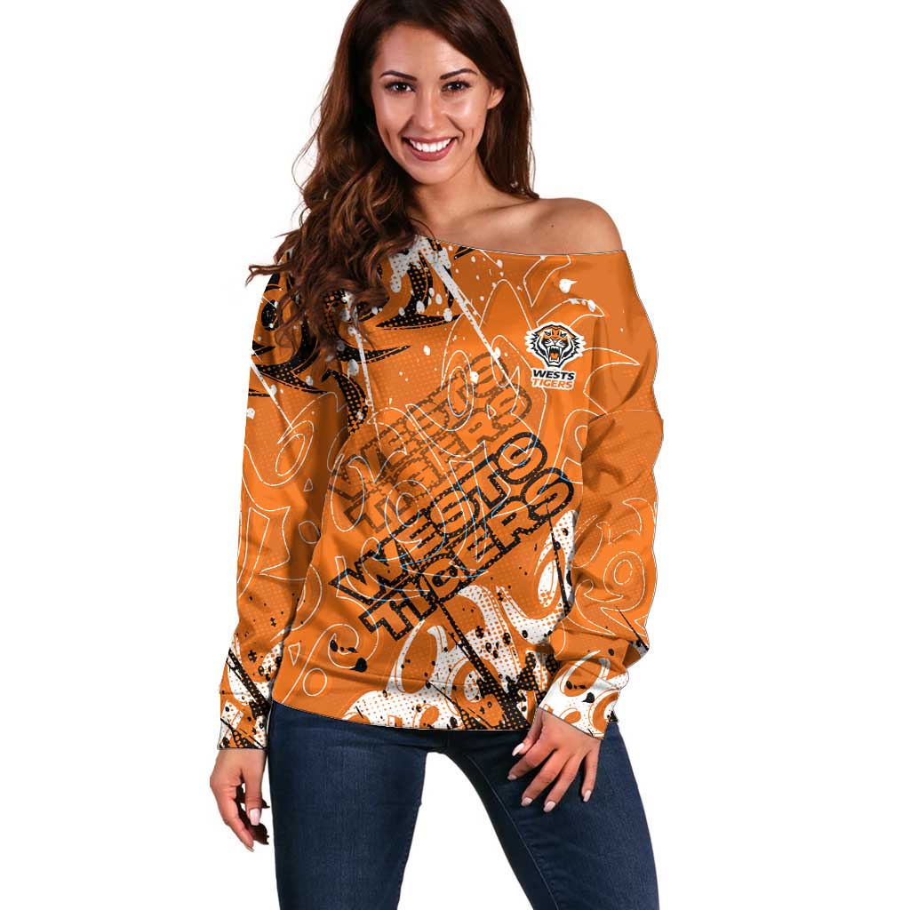 Personalized Wests Tigers Rugby Off Shoulder Sweater Urban Street Graffiti Style - Distressed Splatter Elements