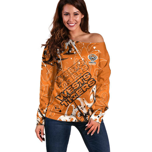 Personalized Wests Tigers Rugby Off Shoulder Sweater Urban Street Graffiti Style - Distressed Splatter Elements
