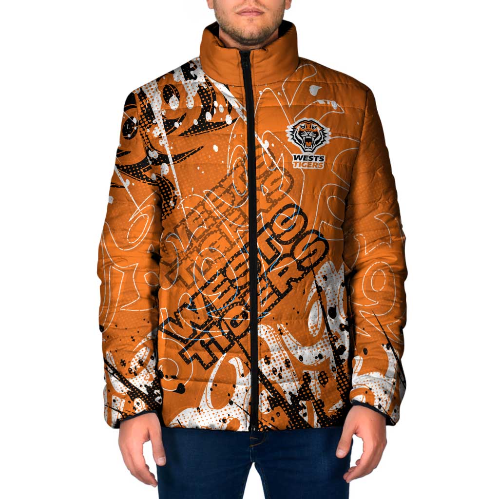Personalized Wests Tigers Rugby Padded Jacket Urban Street Graffiti Style - Distressed Splatter Elements