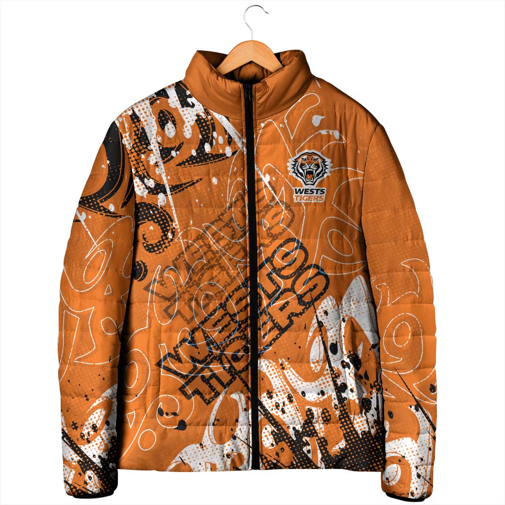 Personalized Wests Tigers Rugby Padded Jacket Urban Street Graffiti Style - Distressed Splatter Elements