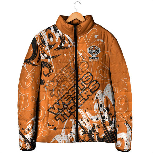 Personalized Wests Tigers Rugby Padded Jacket Urban Street Graffiti Style - Distressed Splatter Elements