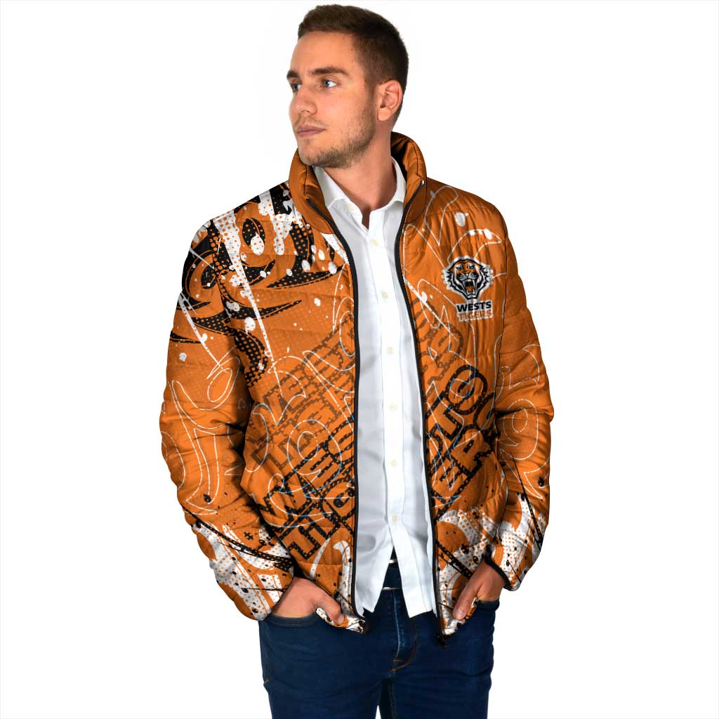 Personalized Wests Tigers Rugby Padded Jacket Urban Street Graffiti Style - Distressed Splatter Elements