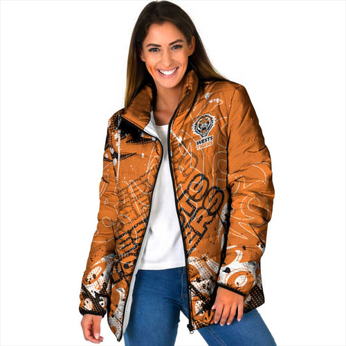 Personalized Wests Tigers Rugby Padded Jacket Urban Street Graffiti Style - Distressed Splatter Elements
