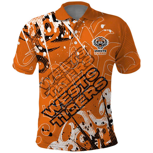 Personalized Wests Tigers Rugby Polo Shirt Urban Street Graffiti Style - Distressed Splatter Elements