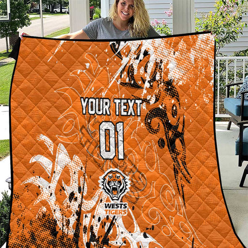 Personalized Wests Tigers Rugby Quilt Urban Street Graffiti Style - Distressed Splatter Elements