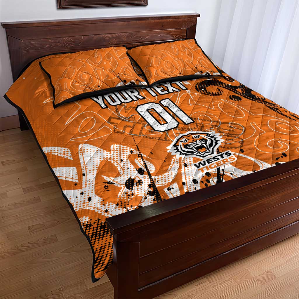 Personalized Wests Tigers Rugby Quilt Bed Set Urban Street Graffiti Style - Distressed Splatter Elements