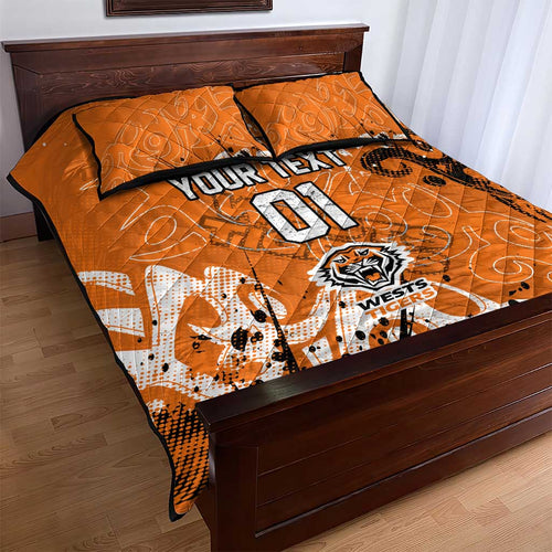 Personalized Wests Tigers Rugby Quilt Bed Set Urban Street Graffiti Style - Distressed Splatter Elements