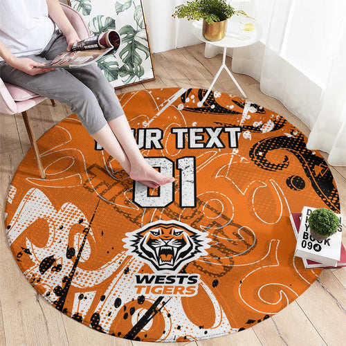 Personalized Wests Tigers Rugby Round Carpet Urban Street Graffiti Style - Distressed Splatter Elements
