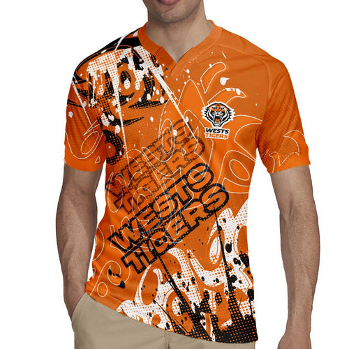 Personalized Wests Tigers Rugby Rugby Jersey Urban Street Graffiti Style - Distressed Splatter Elements