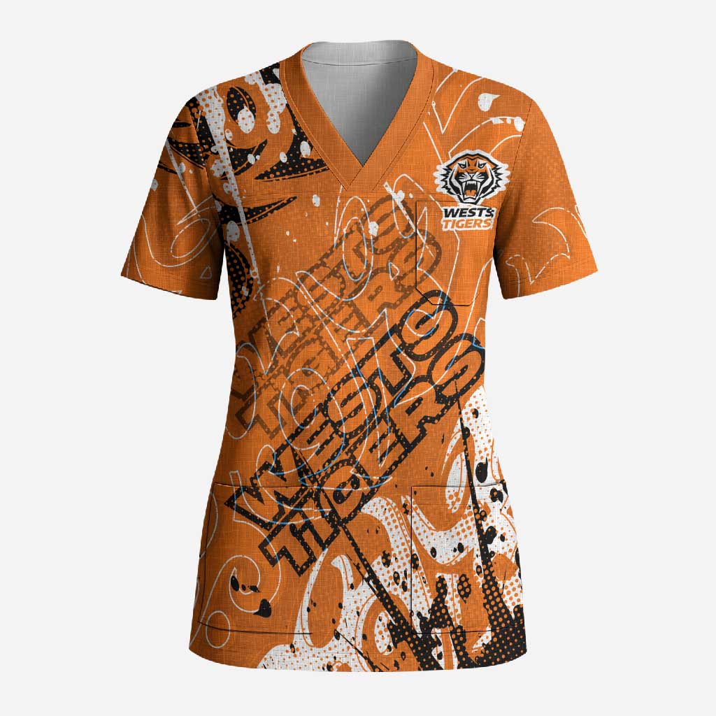 Personalized Wests Tigers Rugby Scrub Top Urban Street Graffiti Style - Distressed Splatter Elements