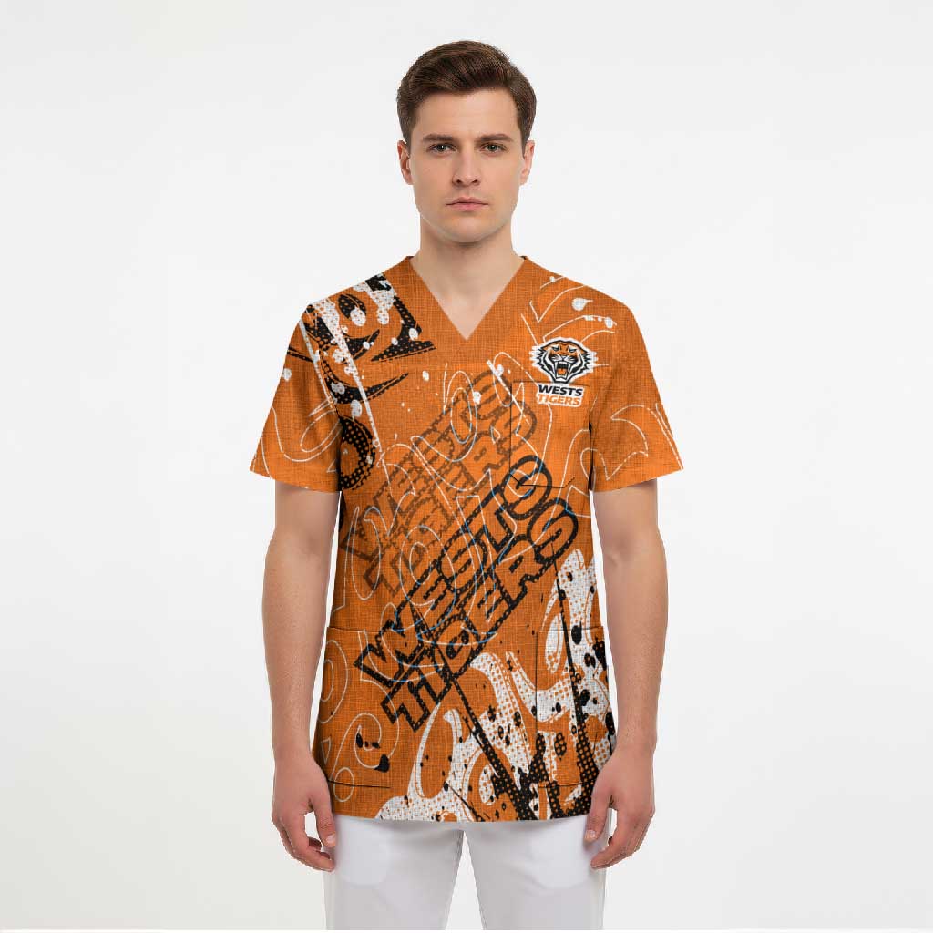 Personalized Wests Tigers Rugby Scrub Top Urban Street Graffiti Style - Distressed Splatter Elements