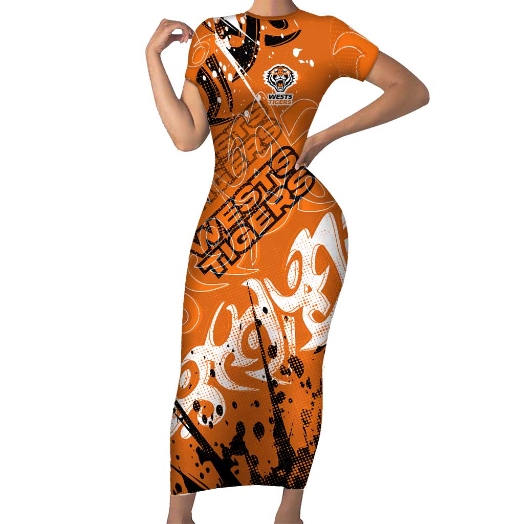 Personalized Wests Tigers Rugby Short Sleeve Bodycon Dress Urban Street Graffiti Style - Distressed Splatter Elements
