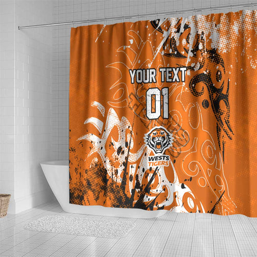 Personalized Wests Tigers Rugby Shower Curtain Urban Street Graffiti Style - Distressed Splatter Elements