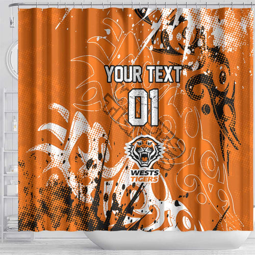 Personalized Wests Tigers Rugby Shower Curtain Urban Street Graffiti Style - Distressed Splatter Elements