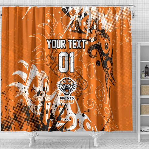 Personalized Wests Tigers Rugby Shower Curtain Urban Street Graffiti Style - Distressed Splatter Elements