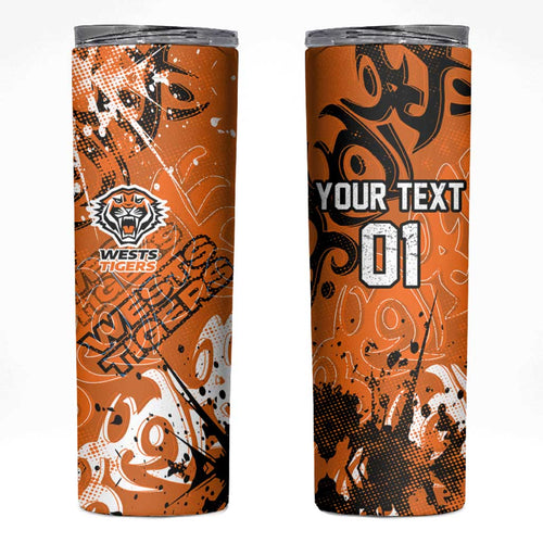 Personalized Wests Tigers Rugby Skinny Tumbler Urban Street Graffiti Style - Distressed Splatter Elements