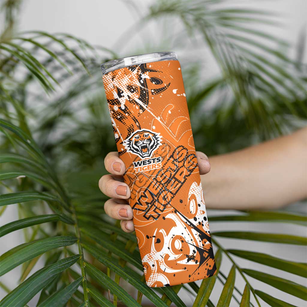 Personalized Wests Tigers Rugby Skinny Tumbler Urban Street Graffiti Style - Distressed Splatter Elements