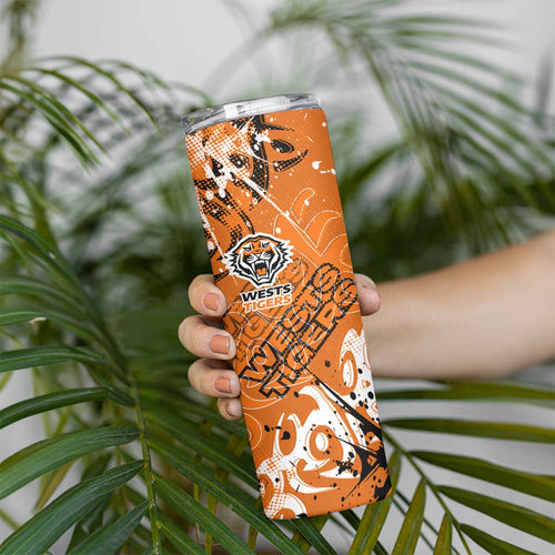 Personalized Wests Tigers Rugby Skinny Tumbler Urban Street Graffiti Style - Distressed Splatter Elements