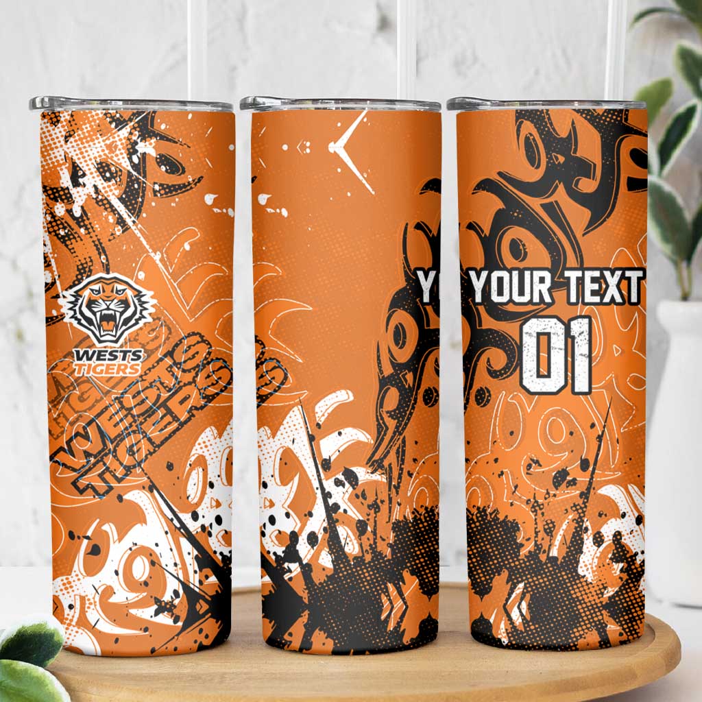 Personalized Wests Tigers Rugby Skinny Tumbler Urban Street Graffiti Style - Distressed Splatter Elements