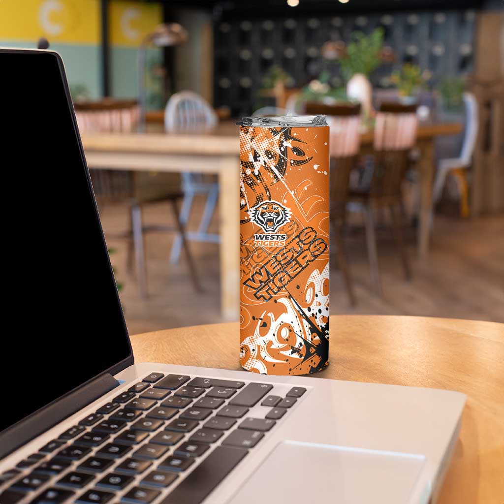 Personalized Wests Tigers Rugby Skinny Tumbler Urban Street Graffiti Style - Distressed Splatter Elements