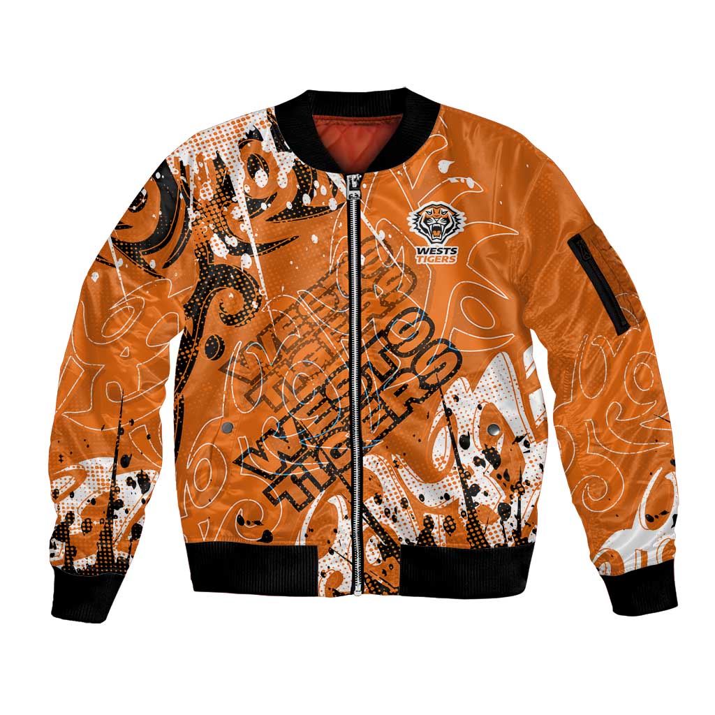 Personalized Wests Tigers Rugby Sleeve Zip Bomber Jacket Urban Street Graffiti Style - Distressed Splatter Elements
