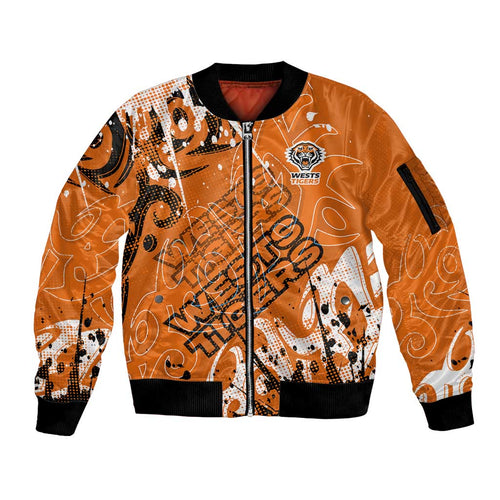 Personalized Wests Tigers Rugby Sleeve Zip Bomber Jacket Urban Street Graffiti Style - Distressed Splatter Elements