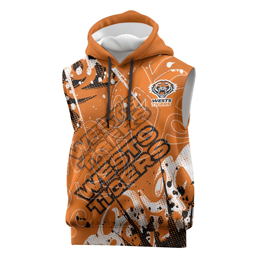 Personalized Wests Tigers Rugby Sleeveless Hoodie Urban Street Graffiti Style - Distressed Splatter Elements