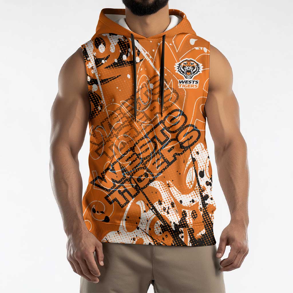 Personalized Wests Tigers Rugby Sleeveless Hoodie Urban Street Graffiti Style - Distressed Splatter Elements