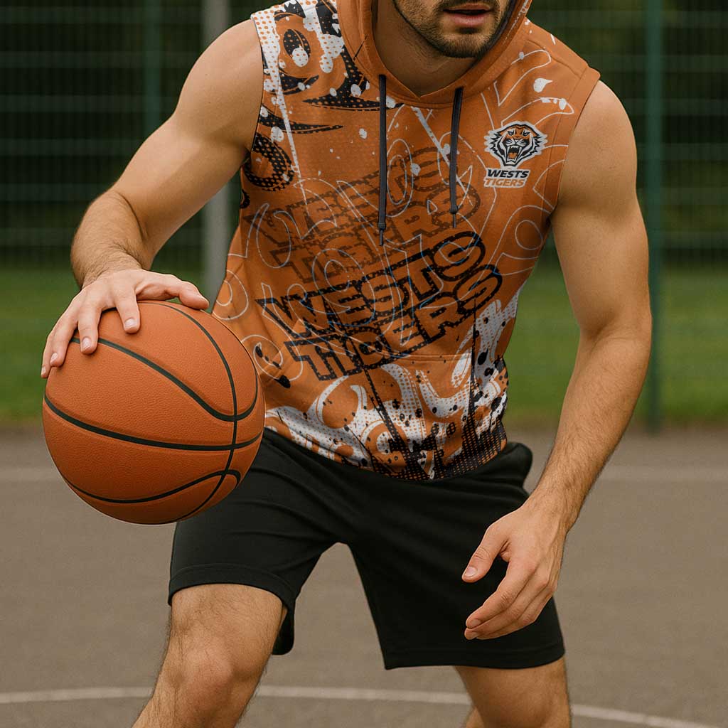 Personalized Wests Tigers Rugby Sleeveless Hoodie Urban Street Graffiti Style - Distressed Splatter Elements