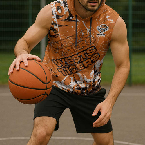 Personalized Wests Tigers Rugby Sleeveless Hoodie Urban Street Graffiti Style - Distressed Splatter Elements