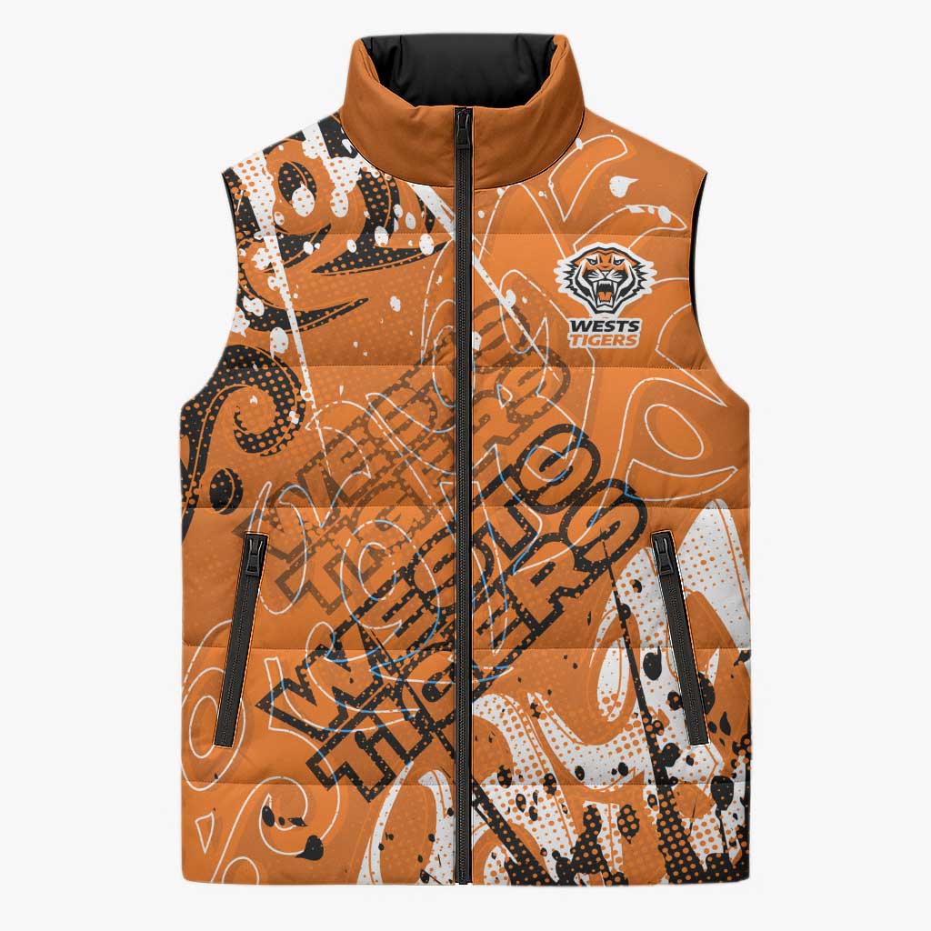 Personalized Wests Tigers Rugby Sleeveless Puffer Jacket Urban Street Graffiti Style - Distressed Splatter Elements