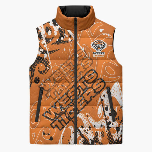 Personalized Wests Tigers Rugby Sleeveless Puffer Jacket Urban Street Graffiti Style - Distressed Splatter Elements