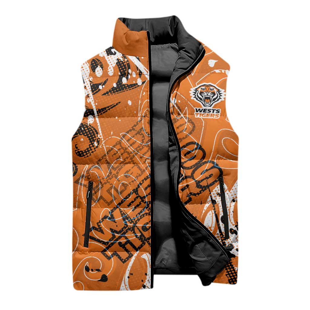 Personalized Wests Tigers Rugby Sleeveless Puffer Jacket Urban Street Graffiti Style - Distressed Splatter Elements