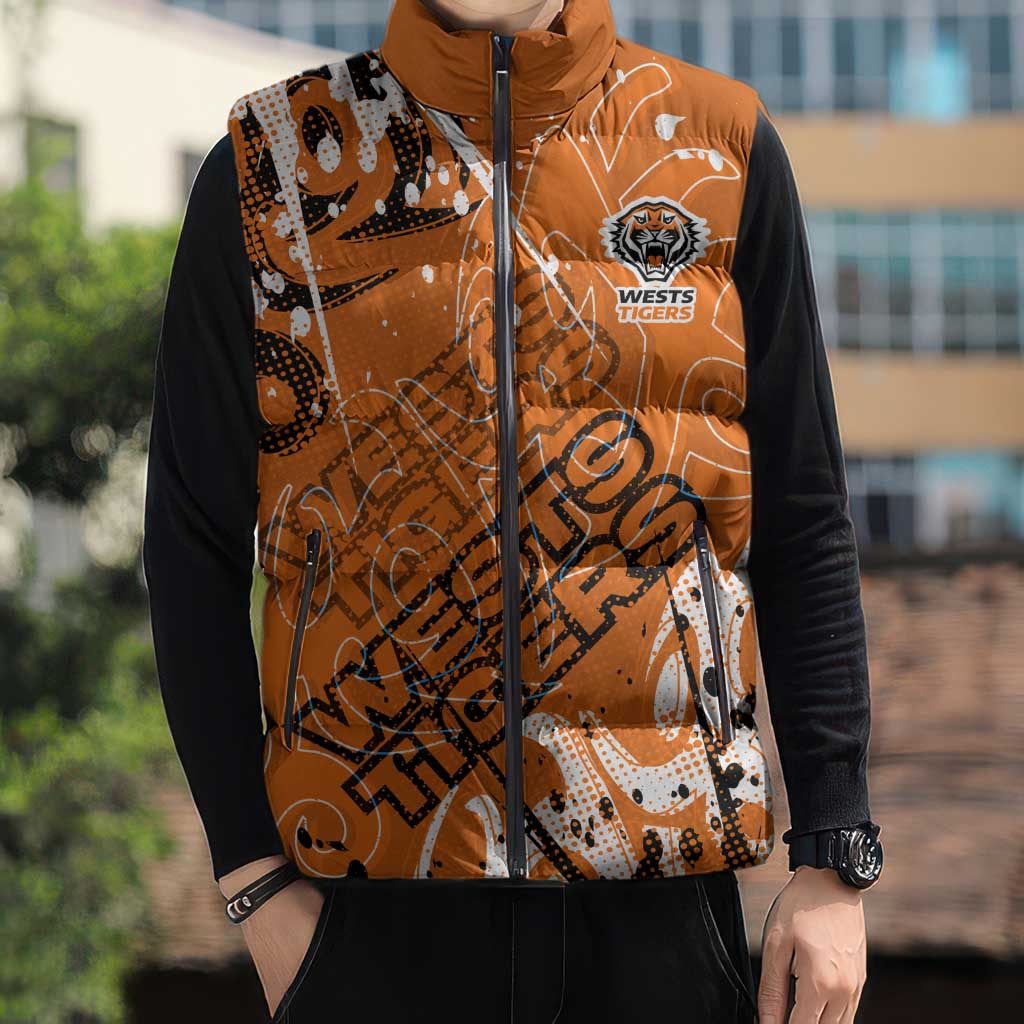 Personalized Wests Tigers Rugby Sleeveless Puffer Jacket Urban Street Graffiti Style - Distressed Splatter Elements