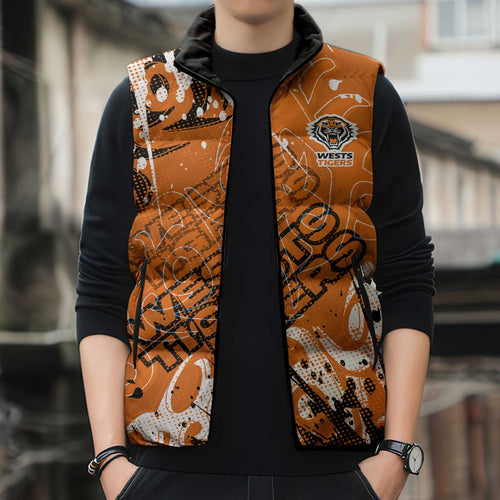 Personalized Wests Tigers Rugby Sleeveless Puffer Jacket Urban Street Graffiti Style - Distressed Splatter Elements