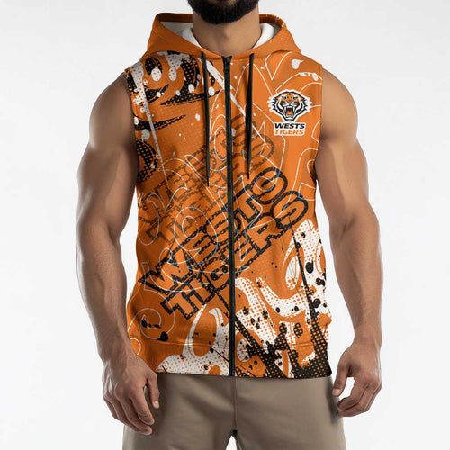 Personalized Wests Tigers Rugby Sleeveless Zip Hoodie Urban Street Graffiti Style - Distressed Splatter Elements