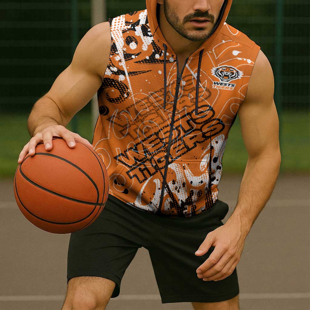 Personalized Wests Tigers Rugby Sleeveless Zip Hoodie Urban Street Graffiti Style - Distressed Splatter Elements