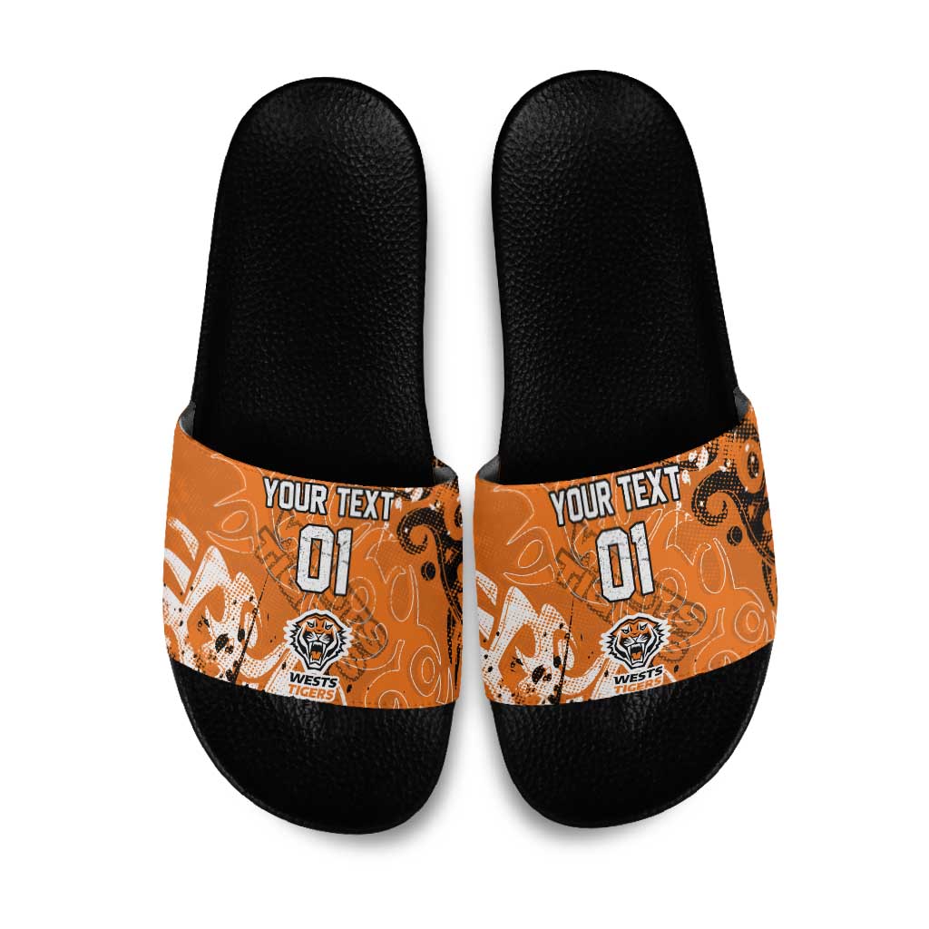Personalized Wests Tigers Rugby Slide Sandals Urban Street Graffiti Style - Distressed Splatter Elements