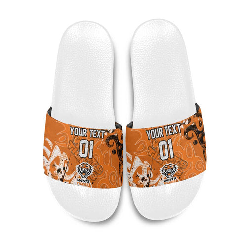 Personalized Wests Tigers Rugby Slide Sandals Urban Street Graffiti Style - Distressed Splatter Elements