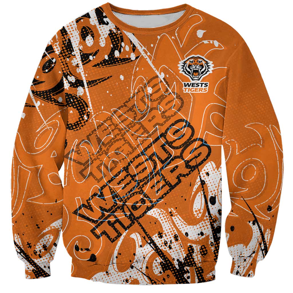 Personalized Wests Tigers Rugby Sweatshirt Urban Street Graffiti Style - Distressed Splatter Elements
