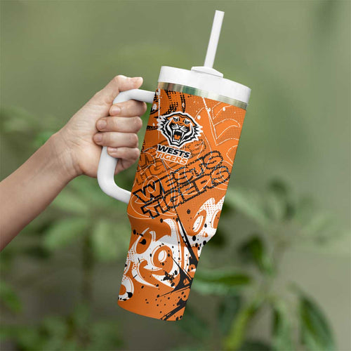 Personalized Wests Tigers Rugby Tumbler With Handle Urban Street Graffiti Style - Distressed Splatter Elements