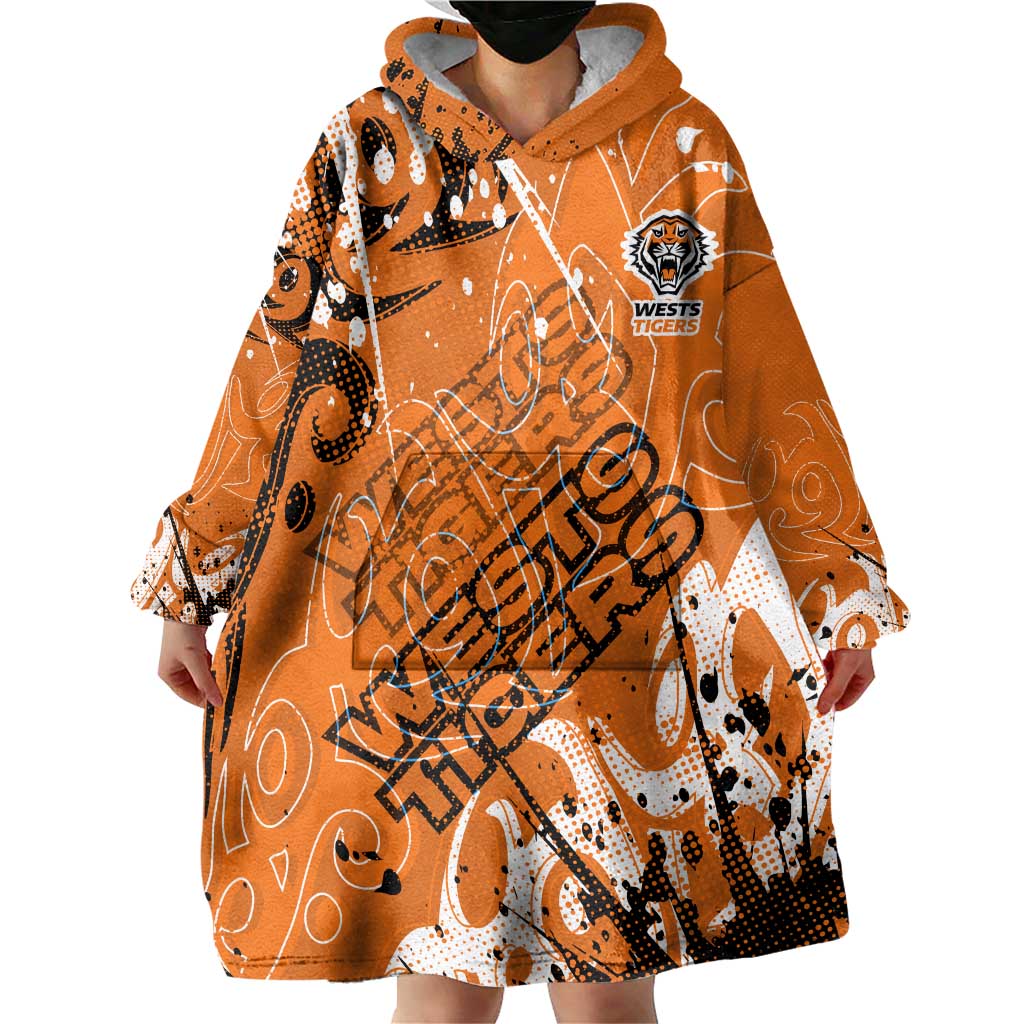 Personalized Wests Tigers Rugby Wearable Blanket Hoodie Urban Street Graffiti Style - Distressed Splatter Elements